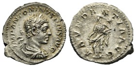 Elagabalus, 218-222. Denarius. Rome. AD 220-221 (Silver, 21.15 mm, 2.99 g). IMP ANTONINVS PIVS AVG, Laureate and draped bust right. Rev. ABVNDA - NTIA...