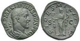 Maximinus I, 235-238. Sestertius. Rome. AD 235-236 (Bronze, 30.26 mm, 17.6 g). IMP MAXIMINVS PIVS AVG, Laureate and draped bust right. Rev. FIDES MILI...