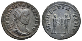 Carus, 282-283. Antoninianus. Cyzicus. AD 282 (Bronze, 21.63 mm, 4.18 g). IMP C M AVR CARVS P F AVG, Radiate, draped and cuirassed bust right. Rev. CL...