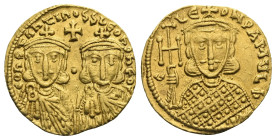 Constantine V Copronymus, with Leo IV and Leo III, 751-775. Solidus (Gold, 19.71 mm, 4.40 g). Constantinopolis, AD 751-756. COҺSAҺƮIҺOS S LЄOҺ O ҺЄOS,...