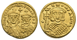 Constantine V Copronymus, with Leo IV and Leo III, 751-775. Solidus (Gold, 20.67 mm, 4.44 g). Constantinopolis, AD 751-756. COҺSAҺƮIҺOS S LЄOҺ O ҺЄOS,...