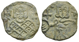 Nicephorus I with Stauracius, 802-811. Follis. Syracuse (Bronze, 22.62 mm, 5.17 g). Facing bust of Nicephorus, wearing cross crown and loros, holding ...