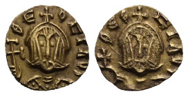 Theophilus, 829-842. Tremissis. Syracuse. Circa AD 830-831 (Electrum, 11.62 mm, 1.1 g). ΘЄ - OFILOS, Crowned facing bust, wearing loros, holding cross...