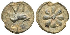 Roman, circa 1st century BC. Tessera (Lead, 19.32 mm, 4.08 g). Eight-petalled rosette. Rev. Dolphin right, with a shaft below (?); above, VI. Overbeck...