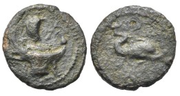 Roman, circa 2nd century AD. Tessera (Bronze, 15.26 mm, 2.45 g). Galley, with oars out and with a full sail, traveling left. Rev. Dolphin swimming rig...