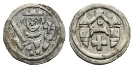 Hungary. András II, 1205-1235. Denar (Silver, 13.85 mm, 0.85 g). Crowned bust facing forward with sword and cross. Rev. Hurch with two towers, cross o...