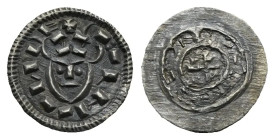 Hungary. Koloman, 1095-1116. Denar (Silver, 11.54 mm, 0.46 g). + CALMAN RE, Crowned facing head. Rev. + LADLAVS E, Short cross, with edge in each angl...