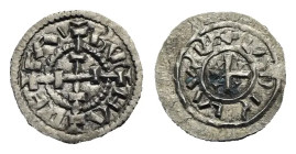 Hungary. Koloman, 1095-1116. Denar (Silver, 12.39 mm, 0.47 g). + CALAMA RE, Cross with double crossed arms. Rev + LADISLAVS REX, Short cross, with edg...