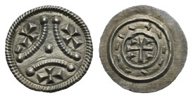 Hungary. Stephen II, 1116-1131. Denar (Silver, 11.13 mm, 0.33 g). Three crescents with central pellet; three crosses around. Rev. Cross with wedge in ...