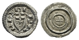Hungary. Bela II, 1131-1141. Denar (Silver, 11.53 mm, 0.33 g). REX bE • L • A •, Crowned bust facing. Rev. Cross pattée with triangular wedge in each ...