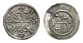 Hungary. Bela III, 1172-1196. Denar (Silver, 11.7 mm, 0.23 g). Doublearcs at the end of cross arms, U shaped line between stems ending in a dot; four ...