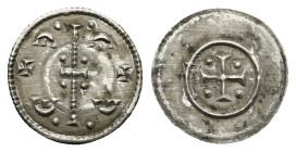 Hungary. Geza II, 1141-1162. Denar (Silver, 11.89 mm, 0.17 g). Cross with long horizontal pelleted line; small cross above and below; eight pellets ar...