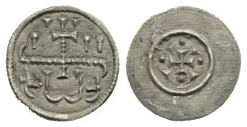 Hungary. Geza II, 1141-1162. Denar (Silver, 12.21 mm, 0.25 g). Longstemmed cross on horizontal line four wedges; ornaments around. Rev. Cross with fou...