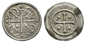 Hungary. Geza II, 1141-1162. Denar (Silver, 13.09 mm, 0.32 g). Long pelleted cross, with lilies in each angle, each flanked with two crescents. Rev. S...