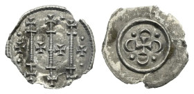 Hungary. Geza II, 1141-1162. Denar (Silver, 11.21 mm, 0.18 g). Three parallel bars with cross at each end, small cross on the side of each bar; two pe...