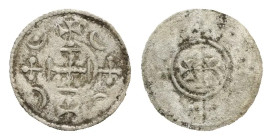 Hungary. Stephen III, 1162-1172. Denar (Silver, 12.66 mm, 0.2 g). Four crosses and four crescents around a crutch cross. Rev. Three dots between two c...