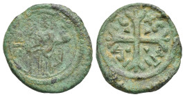 Italy. Messina. County of Sicily. Ruggero II, 1105-1130. Double Follaro. Circa 1127-1130 (Bronze, 19.76 mm, 5.64 g). The king standing facing, holding...