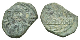 Italy. Messina. County of Sicily. Ruggero II, 1105-1130. Follaro. 533 AH = AD 1139 (Bronze, 14.65 mm, 1.34 g). Facing bust of Christ. Rev. 'al–malik a...