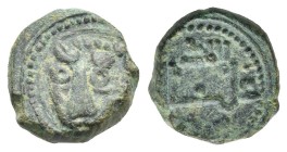 Italy. Messina. Kingdom of Sicily. Guglielmo II, 1166-1189. Follaro (Bronze, 11.74 mm, 2.08 g). Lion head facing slightly left. Rev. 'al-malik Ghulyāl...