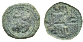 Italy. Messina. Kingdom of Sicily. Guglielmo II, 1166-1189. Follaro (Bronze, 13.16 mm, 1.86 g). Lion head facing slightly left. Rev. 'al-malik Ghulyāl...