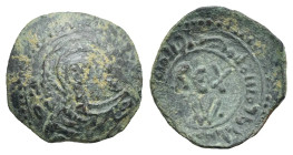 Italy. Messina. Kingdom of Sicily. Guglielmo I, 1154-1166. Half Follaro. 550 AH = AD 1155 (Bronze, 14.59 mm, 1.2 g). MP ΘY, Facing bust of the Virgin ...