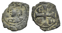 Italy. Messina. Kingdom of Sicily. Frederick IV, 1355-1377. Denaro (Bronze, 10.59 mm, 0.28 g). Crowned head facing left. Rev. Cross pattée; G - L in t...