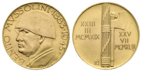 Italy. Benito Mussolini, 1883-1945. Posthumous Commemorative Medal (Gold, 20.99 mm, 5.94 g). BENITO MVSSOLINI 1883 1945, Helmeted bust left. Rev. XXII...