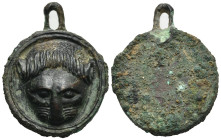 Magna Graecia applique element with a facing lion mask. Circa 4th-3rd centuries BC (Bronze, 35.14 x 44.97 mm, 43.98 g). Professionally restored—with s...