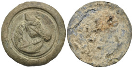 Modern large stud with bridled horse head. After the antique (Bronze and lead, 57.02 mm, 46.71 g). Two iron pins covered by lead.