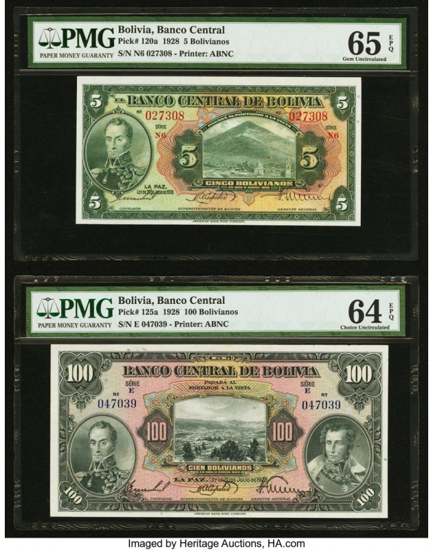 Bolivia Banco Central 5; 100 Bolivianos 20.7.1928 Pick 120a; 125a Two Examples P...