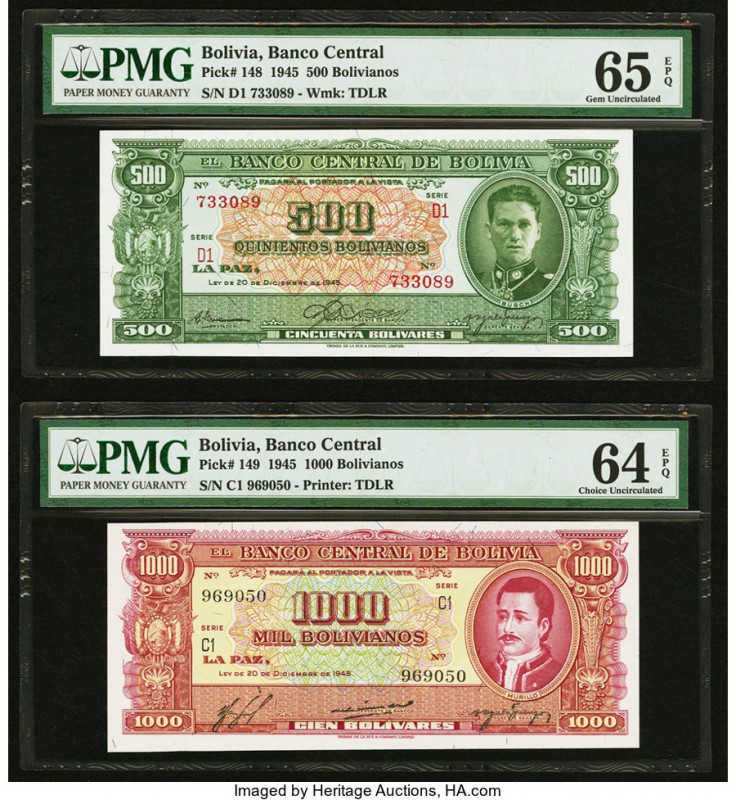 Bolivia Banco Central 500; 1000 Bolivianos 20.12.1945 Pick 148; 149 Two Examples...