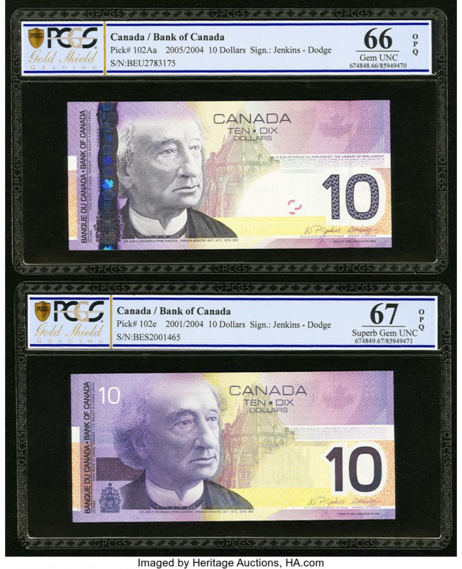 Canada Bank of Canada 10 Dollars 2005/2004; 2001/2004 Pick 102Aa; 102e Two Examp...