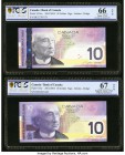 Canada Bank of Canada 10 Dollars 2005/2004; 2001/2004 Pick 102Aa; 102e Two Examples PCGS Gold Shield Gem UNC 66 OPQ; PCGS Gold Shield Superb Gem UNC 6...