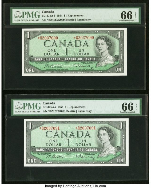Canada Bank of Canada $1 1954 BC-bA-i Two Consecutive Examples PMG Gem Uncircula...