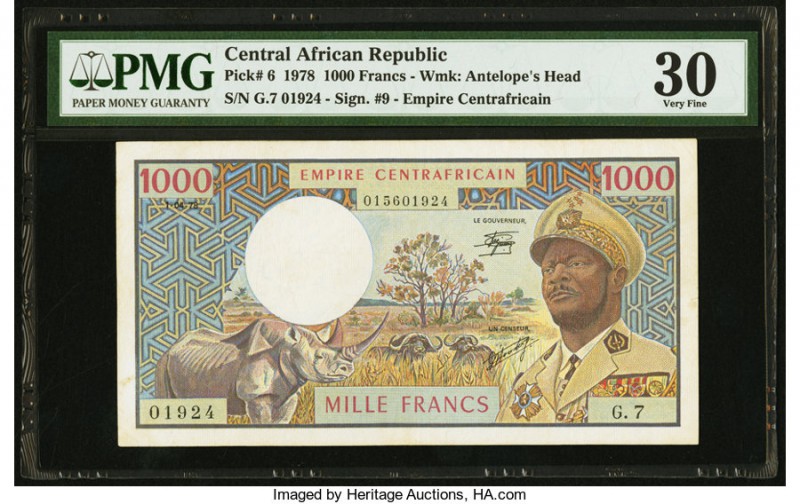 Central African Republic Republique Centrafricaine 1000 Francs 1978 Pick 6 PMG V...