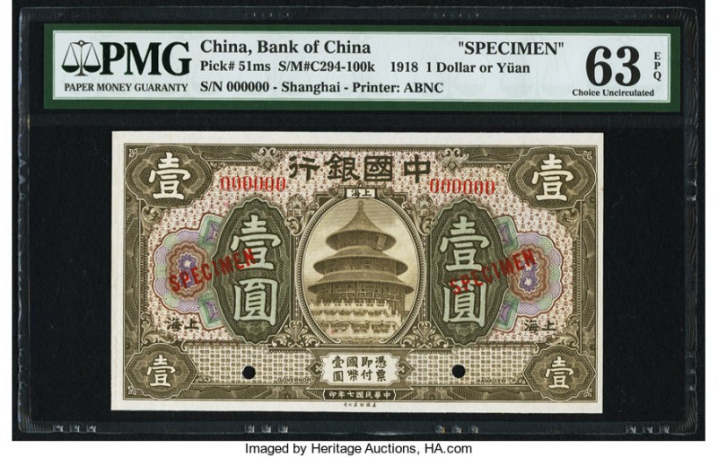 China Bank of China, Shanghai 1 Dollar 9.1918 Pick 51ms Specimen PMG Choice Unci...