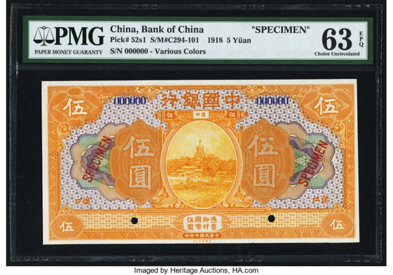 China Bank of China 5 Dollars or Yuan 9.1918 Pick 52s1 S/M#C294-101 Specimen PMG...