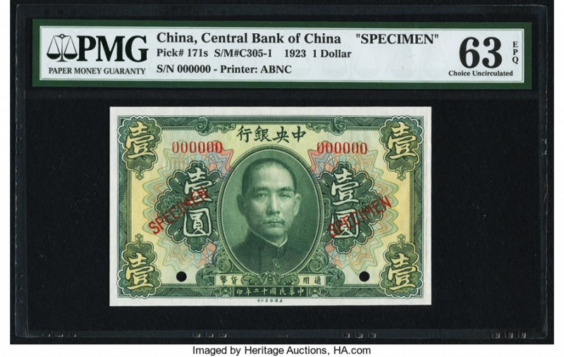 China Central Bank of China 1 Dollar 1923 Pick 171s S/M#C305-1 Specimen PMG Choi...