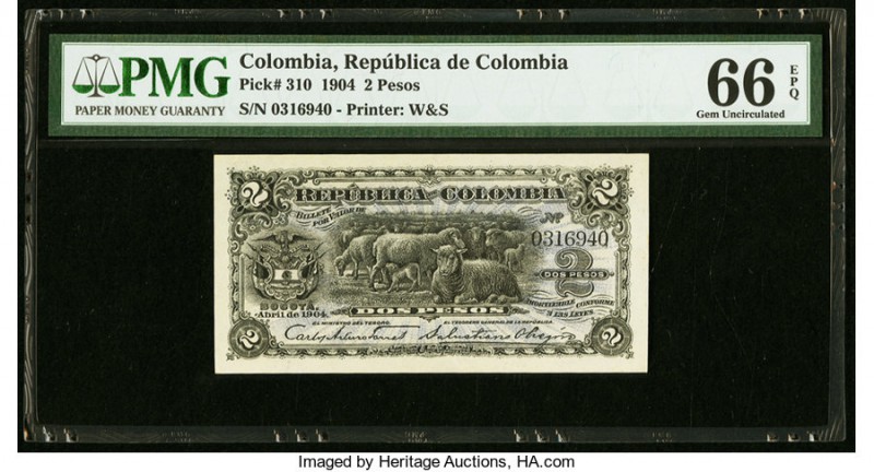 Colombia Republica de Colombia 2 Pesos 4.1904 Pick 310 PMG Gem Uncirculated 66 E...