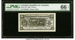 Colombia Republica de Colombia 2 Pesos 4.1904 Pick 310 PMG Gem Uncirculated 66 EPQ. A diminutive note that boasts gorgeous Waterlow & Sons engraving a...