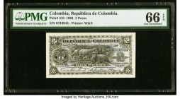 Colombia Republica de Colombia 2 Pesos 4.1904 Pick 310 PMG Gem Uncirculated 66 EPQ. Another gorgeous Waterlow & Sons engraved note. Also, pack-fresh a...
