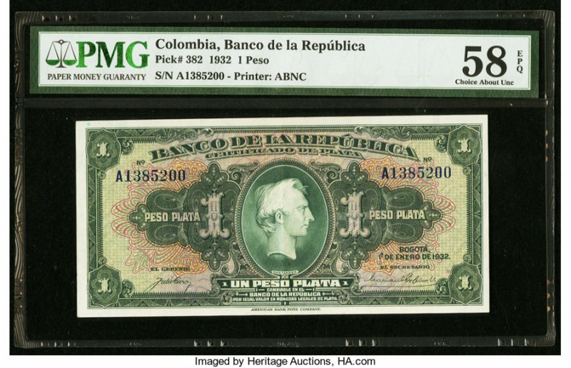 Colombia Banco de la Republica 1 Peso 1.1.1932 Pick 382 PMG Choice About Unc 58 ...