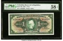 Colombia Banco de la Republica 1 Peso 1.1.1932 Pick 382 PMG Choice About Unc 58 EPQ. Gorgeous ABNCo. printed type printed in green inks on a multicolo...