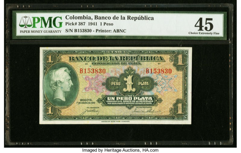 Colombia Banco de la Republica 1 Peso 1.1.1941 Pick 387 PMG Choice Extremely Fin...