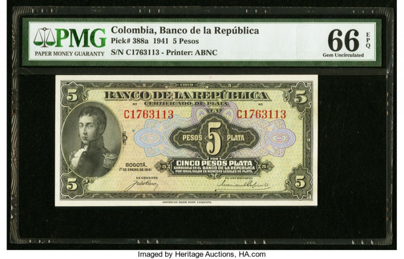 Colombia Banco de la Republica 5 Pesos 1.1.1941 Pick 388a PMG Gem Uncirculated 6...