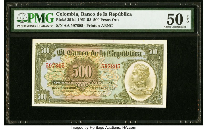 Colombia Banco de la Republica 500 Pesos 1.1.1953 Pick 391d PMG About Uncirculat...