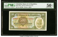 Colombia Banco de la Republica 500 Pesos 1.1.1953 Pick 391d PMG About Uncirculated 50 EPQ. One of two denominations on this "1942 Pesos Oro" series. L...