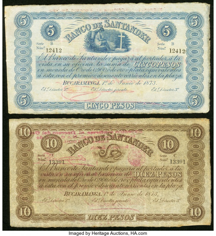 Colombia Banco de Santander 5 Pesos 1900 Pick S832b & 10 Pesos PS833b Very Fine....