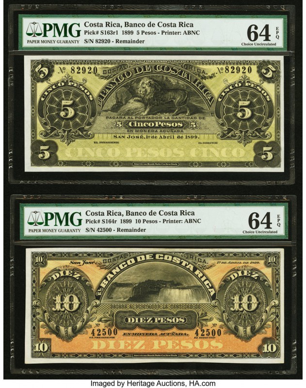 Costa Rica Banco de Costa Rica 5; 10 Pesos 1899 Pick S163r1; S164r Two Remainder...