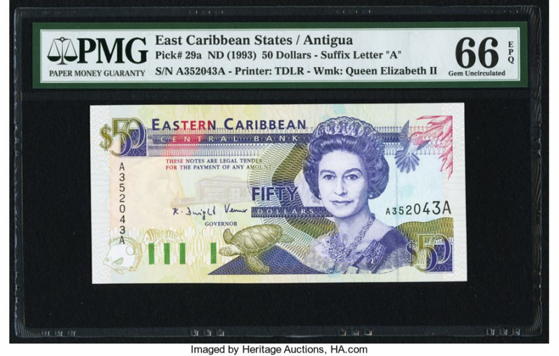 East Caribbean States Central Bank, Antigua 50 Dollars ND (1993) Pick 29a PMG Ge...
